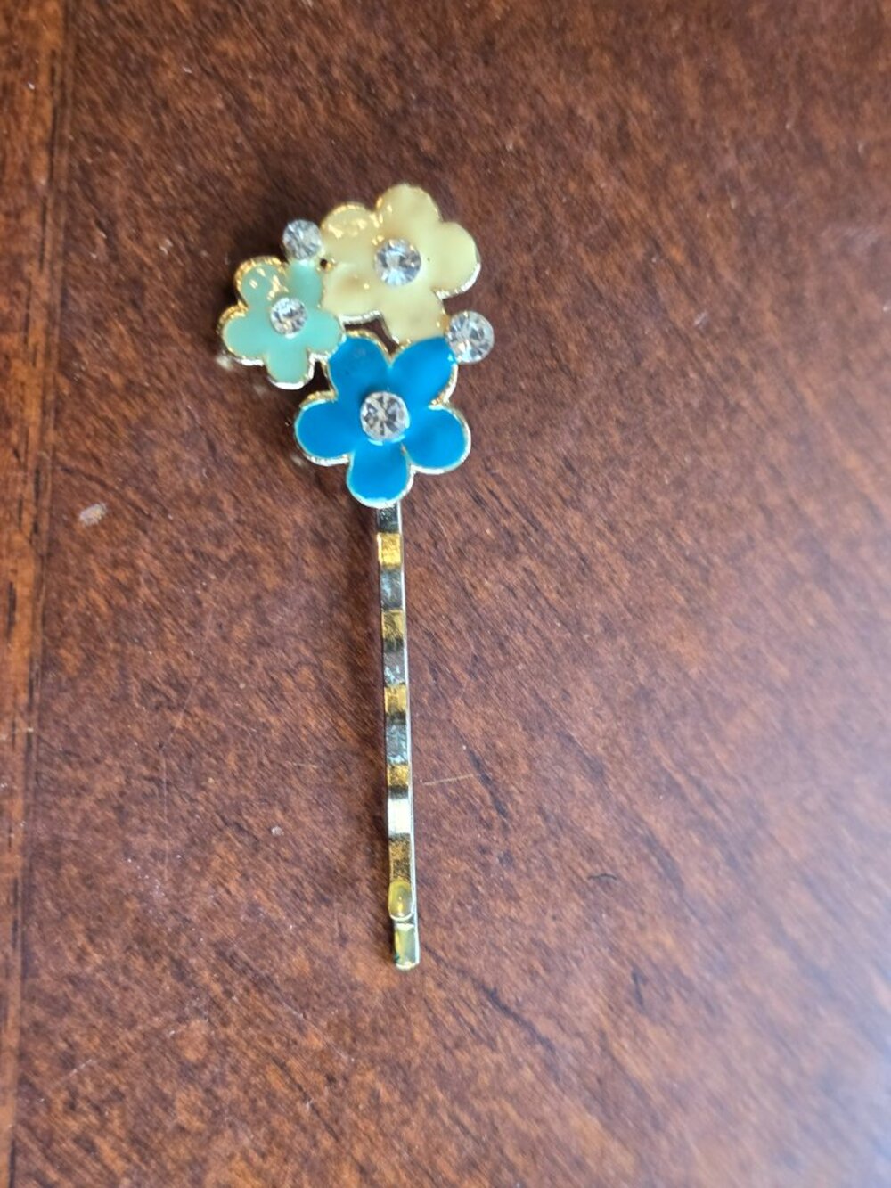 Enamel Flower Cluster Bobby Pin Rhinestone Hair Clip Gold Tone Floral Accessory